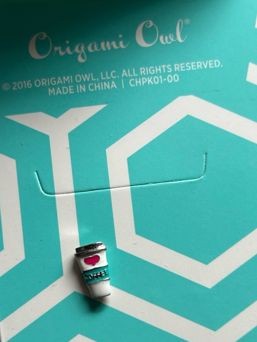 Origami Owl Turquoise & White Coffee Cup Charm with Pink Heart Accent